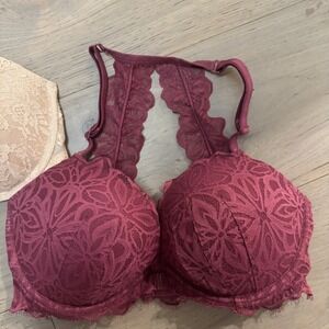 PINK Victoria's Secret Racerback Lace Plunge Bra 34DD‎ F75 Maroon